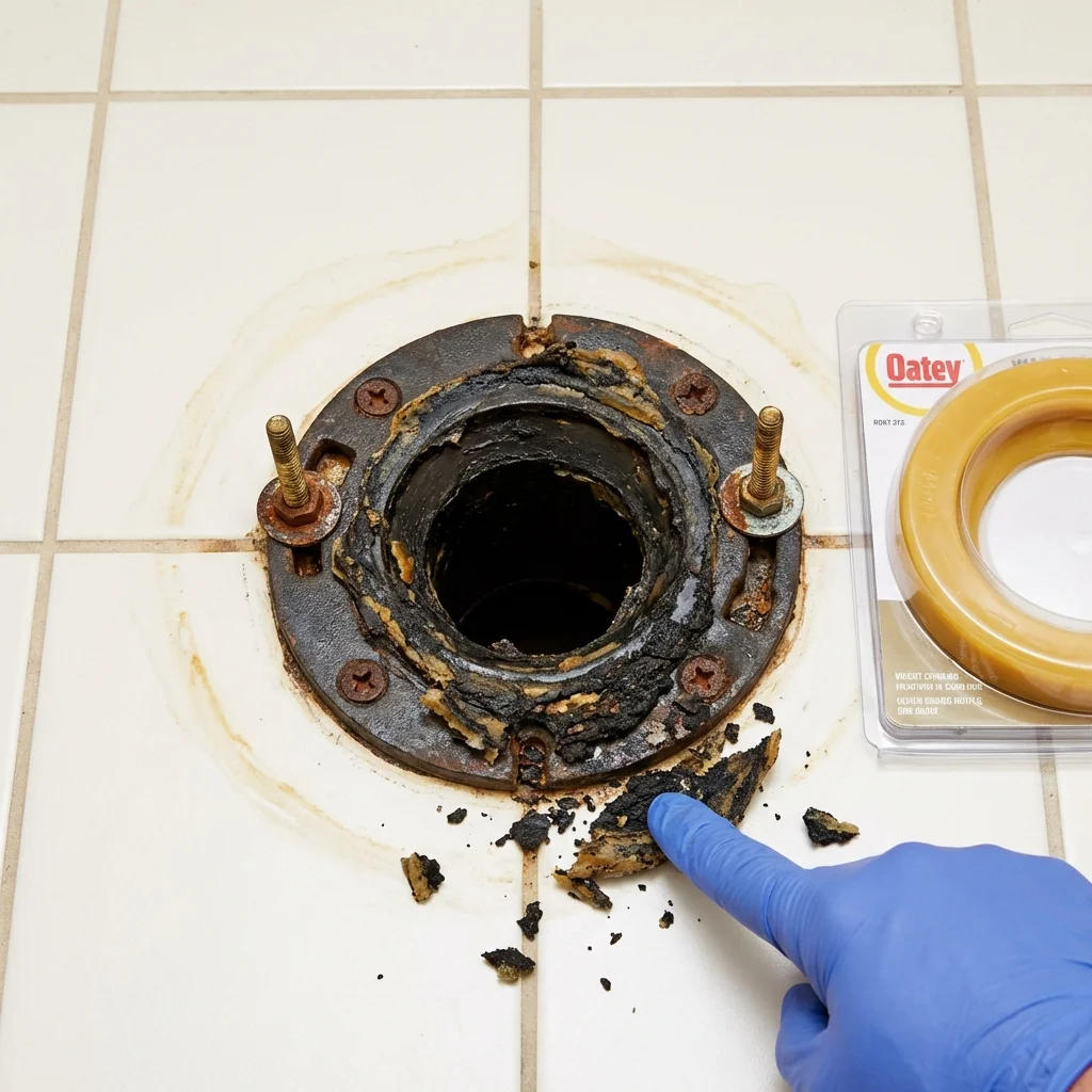 Failed wax ring showing water seepage at the base of a toilet in a Riverton, IL home