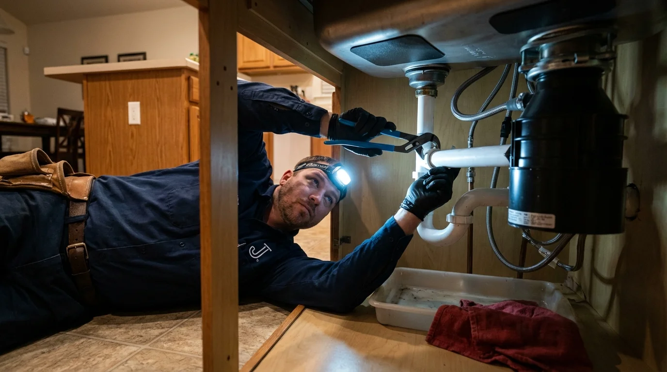 P-trap and supply line connections under a kitchen sink showing a common leak point in Riverton, IL